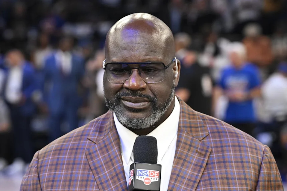 Shaquille O’Neal looks on before the game between the San Antonio Spurs and the New York Knicks during Game Three of the 2026 NBA Finals on June 8, 2026. NBAE via Getty Images
