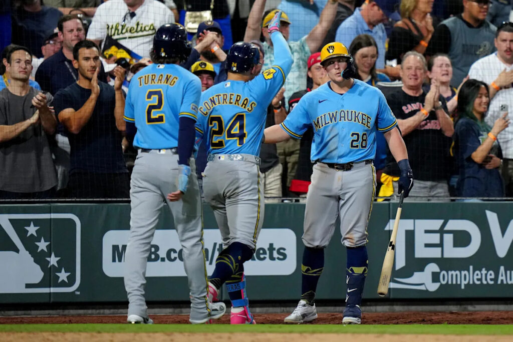 Home run derby breaks out in Las Vegas, Brewers defeat Athletics 15-14 in 12 innings