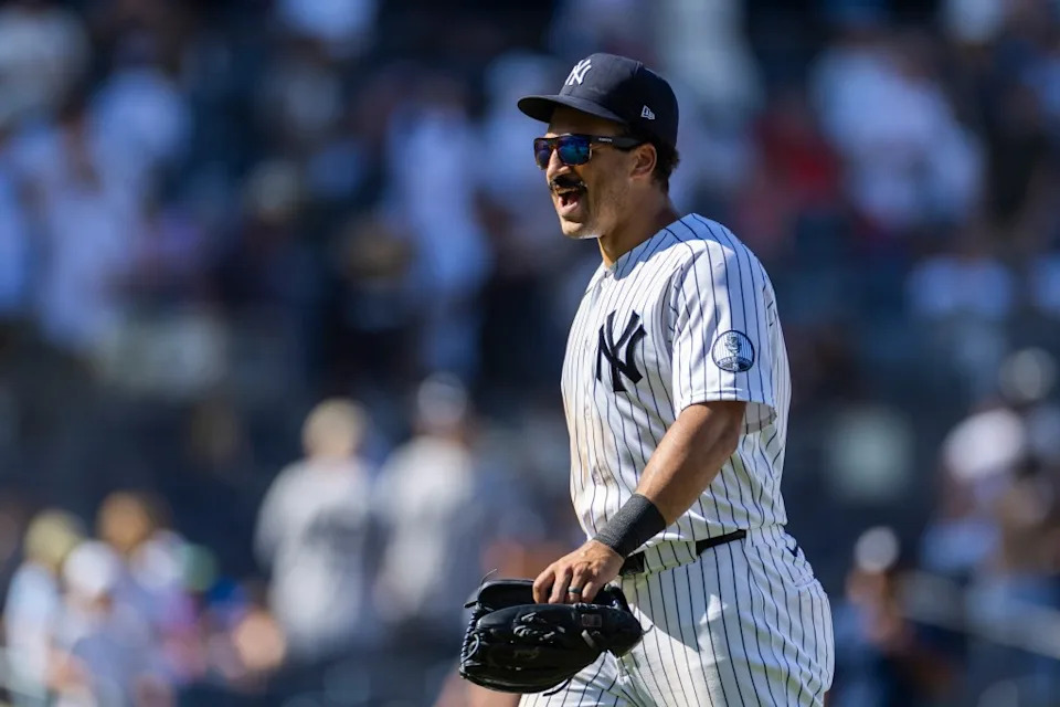 Trent Grisham celebrates at the end of the ninth inning of the Yankees’ win over the Red Sox on June 7, 2026. Corey Sipkin for the NY POST
