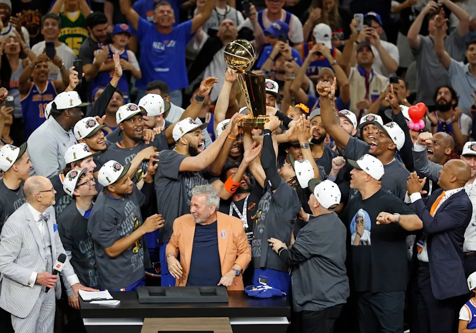 James Dolan celebrates with his team after becoming the 2026 NBA Finals Champions. Jason Szenes for the New York Post