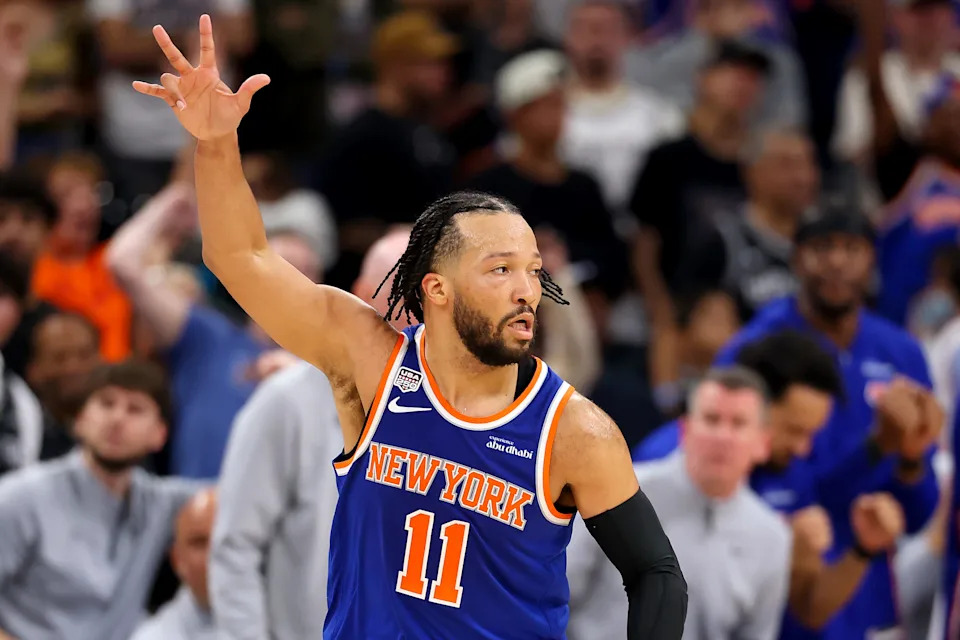 Jalen Brunson of the New York Knicks reacts after his made three-point basket against the San Antonio Spurs during the second quarter in Game Five of the 2026 NBA Finals at Frost Bank Center on June 13, 2026, in San Antonio, Texas.