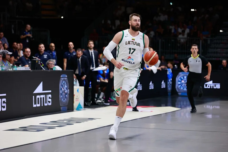 Lithuania’s Jonas Valanciunas dribbles the basketball during a game against Italy. IPA / SplashNews.com