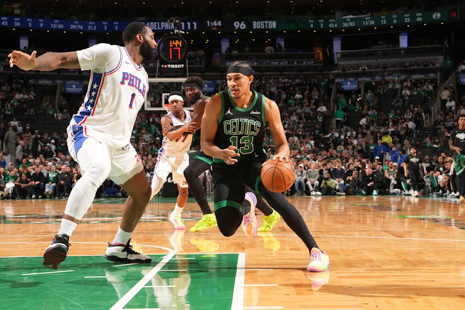 BOSTON, MA – APRIL 28: Ron Harper Jr. #13 of the Boston Celtics dribbles the ball during the game against the Philadelphia 76ers during Round One Game Five of the 2026 NBA Playoffs on April 28, 2026 at TD Garden in Boston, Massachusetts. NOTE TO USER: User expressly acknowledges and agrees that, by downloading and/or using this Photograph, user is consenting to the terms and conditions of the Getty Images License Agreement. Mandatory Copyright Notice: Copyright 2026 NBAE (Photo by Jesse D. Garrabrant/NBAE via Getty Images) | NBAE via Getty Images