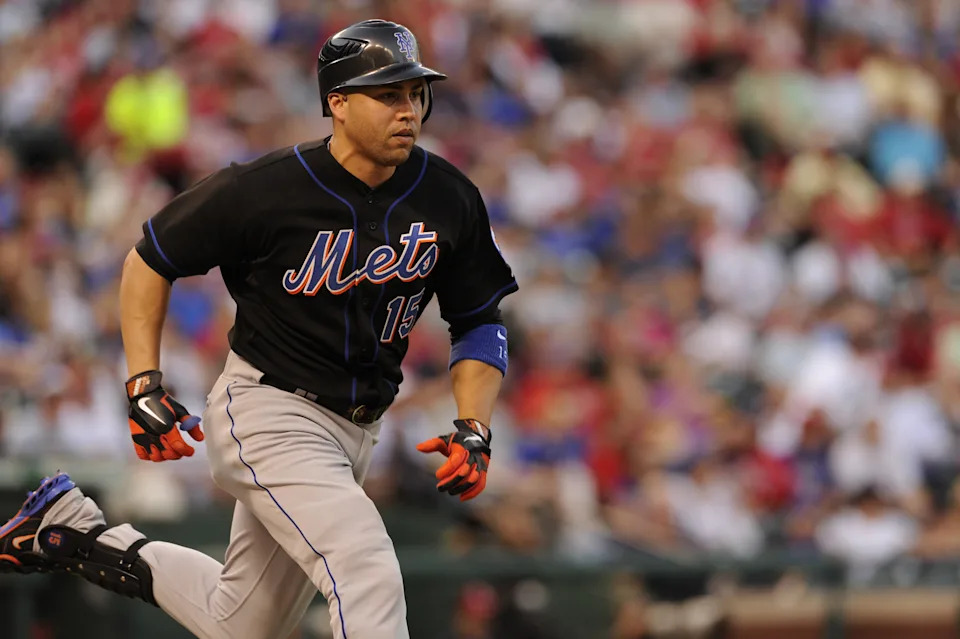 ARLINGTON, TX - JUNE 24: Carlos Beltran #15 of the New York Mets runs to first base after hitting the ball in the game against the Texas Rangers at Rangers Ballpark on June 24, 2011 in Arlington, Texas. The Texas Rangers defeated the New York Mets 8-1. (Photo by John Williamson/MLB Photos via Getty Images)