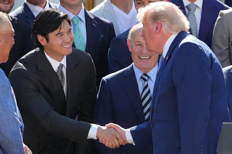 Shohei Ohtani shook hands with President Donald Trump during the Dodgers’ White House visit. AP Photo/Alex Brandon