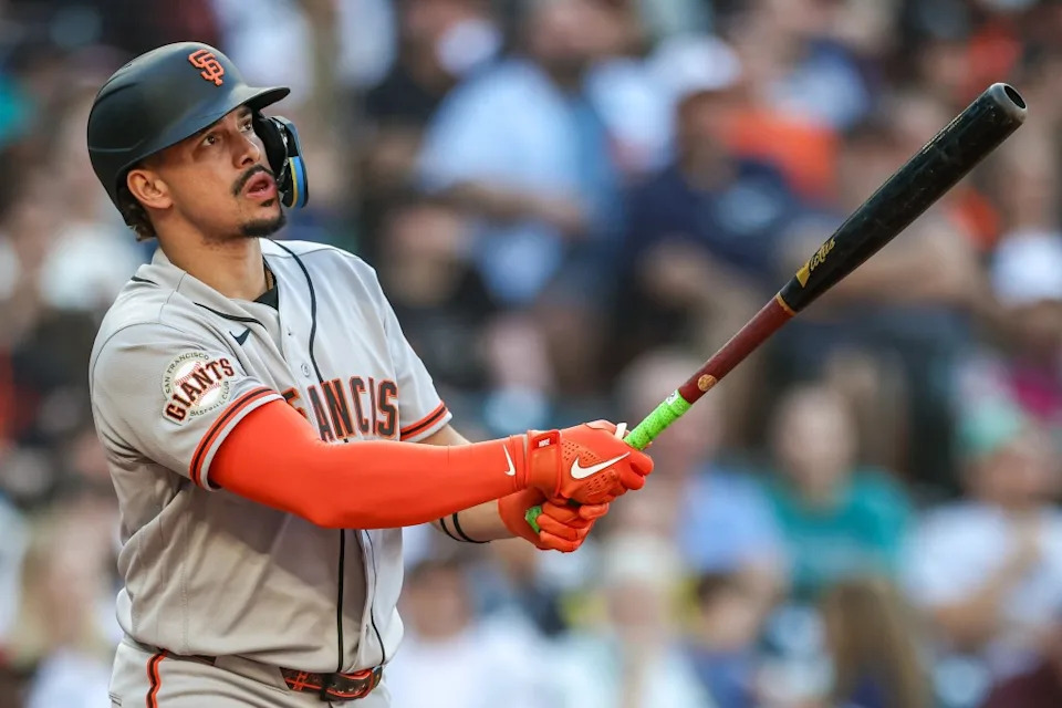 Willy Adames watches his solo home leave the yard in the sixth inning of the Giants’ loss to the Mariners. Getty Images