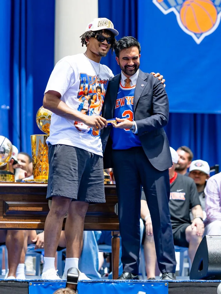 Dillon Jones and Mayor Zohran Mamdani at a championship celebration. GC Images