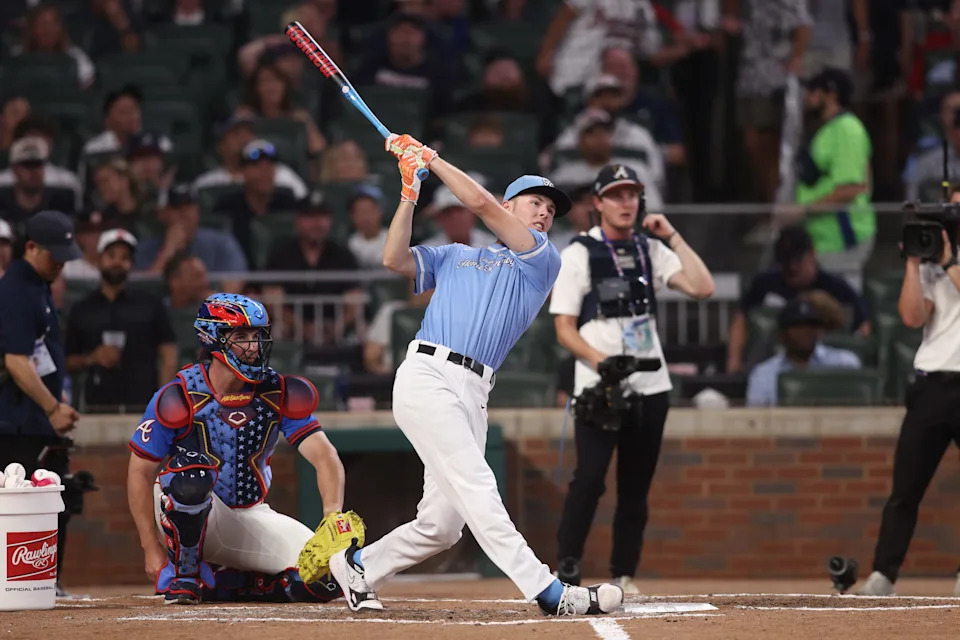 Grady Emerson takes a big swing during the 2025 High School Home Run Derby at Truist Park in Atlanta on July 14, 2025.
