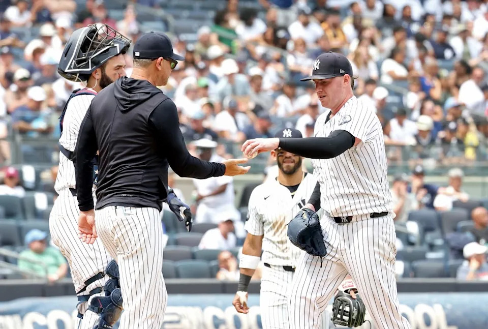 Yankees manager Aaron Boone (17) pulls New York Yankees pitcher Ryan Weathers (40) from the game during the fourth inning when the New York Yankees played the Minnesota Twins Sunday, July 5, 2026 at Yankee Stadium in the Bronx, NY. Robert Sabo for NY Post