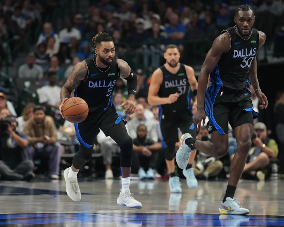 D’Angelo Russell of the Dallas Mavericks handles the ball during the game against the <a class="link " href="https://sports.yahoo.com/nba/teams/portland/" data-i13n="sec:content-canvas;subsec:anchor_text;elm:context_link" data-ylk="slk:Portland Trail Blazers;sec:content-canvas;subsec:anchor_text;elm:context_link;itc:0" data-yga="{"yLinkElement":"context_link","yModuleName":"content-canvas","yLinkText":"Portland Trail Blazers","ySubModuleName":"anchor_text","yHasCommerce":false}">Portland Trail Blazers</a> on November 16, 2025 at American Airlines Center in Dallas, Texas. NBAE via Getty Images