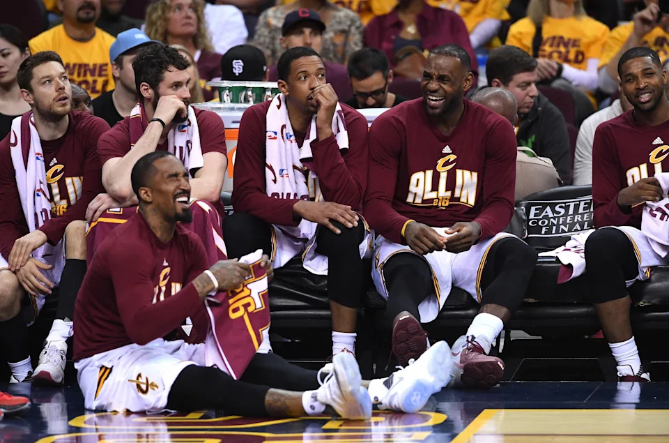 CLEVELAND, OH – MAY 25: <a class="link " href="https://sports.yahoo.com/nba/players/3835/" data-i13n="sec:content-canvas;subsec:anchor_text;elm:context_link" data-ylk="slk:J.R. Smith;sec:content-canvas;subsec:anchor_text;elm:context_link;itc:0" data-yga="{"yLinkElement":"context_link","yModuleName":"content-canvas","yLinkText":"J.R. Smith","ySubModuleName":"anchor_text","yHasCommerce":false}">J.R. Smith</a> #5, <a class="link " href="https://sports.yahoo.com/nba/players/5249/" data-i13n="sec:content-canvas;subsec:anchor_text;elm:context_link" data-ylk="slk:Matthew Dellavedova;sec:content-canvas;subsec:anchor_text;elm:context_link;itc:0" data-yga="{"yLinkElement":"context_link","yModuleName":"content-canvas","yLinkText":"Matthew Dellavedova","ySubModuleName":"anchor_text","yHasCommerce":false}">Matthew Dellavedova</a> #8, <a class="link " href="https://sports.yahoo.com/nba/players/4391/" data-i13n="sec:content-canvas;subsec:anchor_text;elm:context_link" data-ylk="slk:Kevin Love;sec:content-canvas;subsec:anchor_text;elm:context_link;itc:0" data-yga="{"yLinkElement":"context_link","yModuleName":"content-canvas","yLinkText":"Kevin Love","ySubModuleName":"anchor_text","yHasCommerce":false}">Kevin Love</a> #0, <a class="link " href="https://sports.yahoo.com/nba/players/3934/" data-i13n="sec:content-canvas;subsec:anchor_text;elm:context_link" data-ylk="slk:Channing Frye;sec:content-canvas;subsec:anchor_text;elm:context_link;itc:0" data-yga="{"yLinkElement":"context_link","yModuleName":"content-canvas","yLinkText":"Channing Frye","ySubModuleName":"anchor_text","yHasCommerce":false}">Channing Frye</a> #9, LeBron James #23 and <a class="link " href="https://sports.yahoo.com/nba/players/4884/" data-i13n="sec:content-canvas;subsec:anchor_text;elm:context_link" data-ylk="slk:Tristan Thompson;sec:content-canvas;subsec:anchor_text;elm:context_link;itc:0" data-yga="{"yLinkElement":"context_link","yModuleName":"content-canvas","yLinkText":"Tristan Thompson","ySubModuleName":"anchor_text","yHasCommerce":false}">Tristan Thompson</a> #13 of the Cleveland Cavaliers look on from the bench late in the game against the <a class="link " href="https://sports.yahoo.com/nba/teams/toronto/" data-i13n="sec:content-canvas;subsec:anchor_text;elm:context_link" data-ylk="slk:Toronto Raptors;sec:content-canvas;subsec:anchor_text;elm:context_link;itc:0" data-yga="{"yLinkElement":"context_link","yModuleName":"content-canvas","yLinkText":"Toronto Raptors","ySubModuleName":"anchor_text","yHasCommerce":false}">Toronto Raptors</a> in game five of the Eastern Conference Finals during the 2016 NBA Playoffs at Quicken Loans Arena on May 25, 2016 in <a class="link " href="https://sports.yahoo.com/nba/teams/cleveland/" data-i13n="sec:content-canvas;subsec:anchor_text;elm:context_link" data-ylk="slk:Cleveland;sec:content-canvas;subsec:anchor_text;elm:context_link;itc:0" data-yga="{"yLinkElement":"context_link","yModuleName":"content-canvas","yLinkText":"Cleveland","ySubModuleName":"anchor_text","yHasCommerce":false}">Cleveland</a>, Ohio. NOTE TO USER: User expressly acknowledges and agrees that, by downloading and or using this photograph, User is consenting to the terms and conditions of the Getty Images License Agreement. (Photo by Jason Miller/Getty Images) | Getty Images