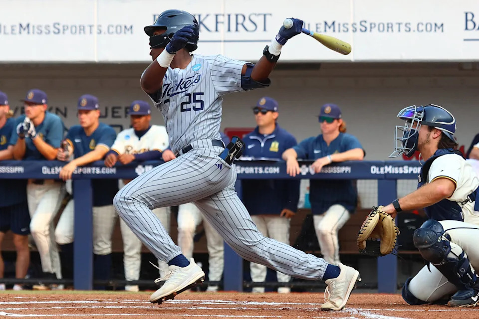 Georgia Tech catcher Vahn Lackey follows through on a single against Murray State during a game in Oxford, Mississippi on May 31, 2025.