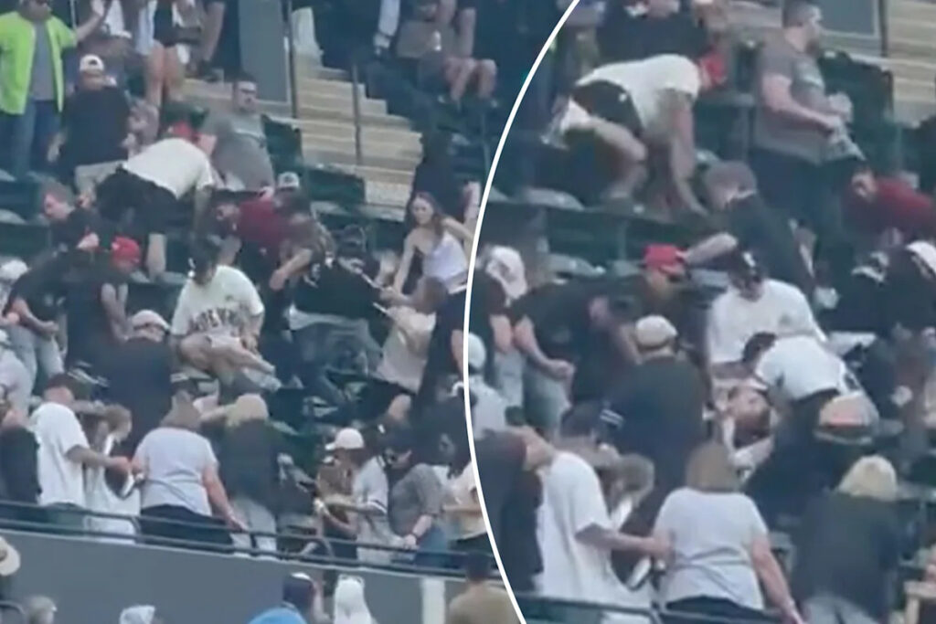 Fan leaps down two rows to stomp fellow spectator in wild brawl during Mets-White Sox game Fan leaps down two rows to stomp fellow spectator in wild brawl during Mets-White Sox game